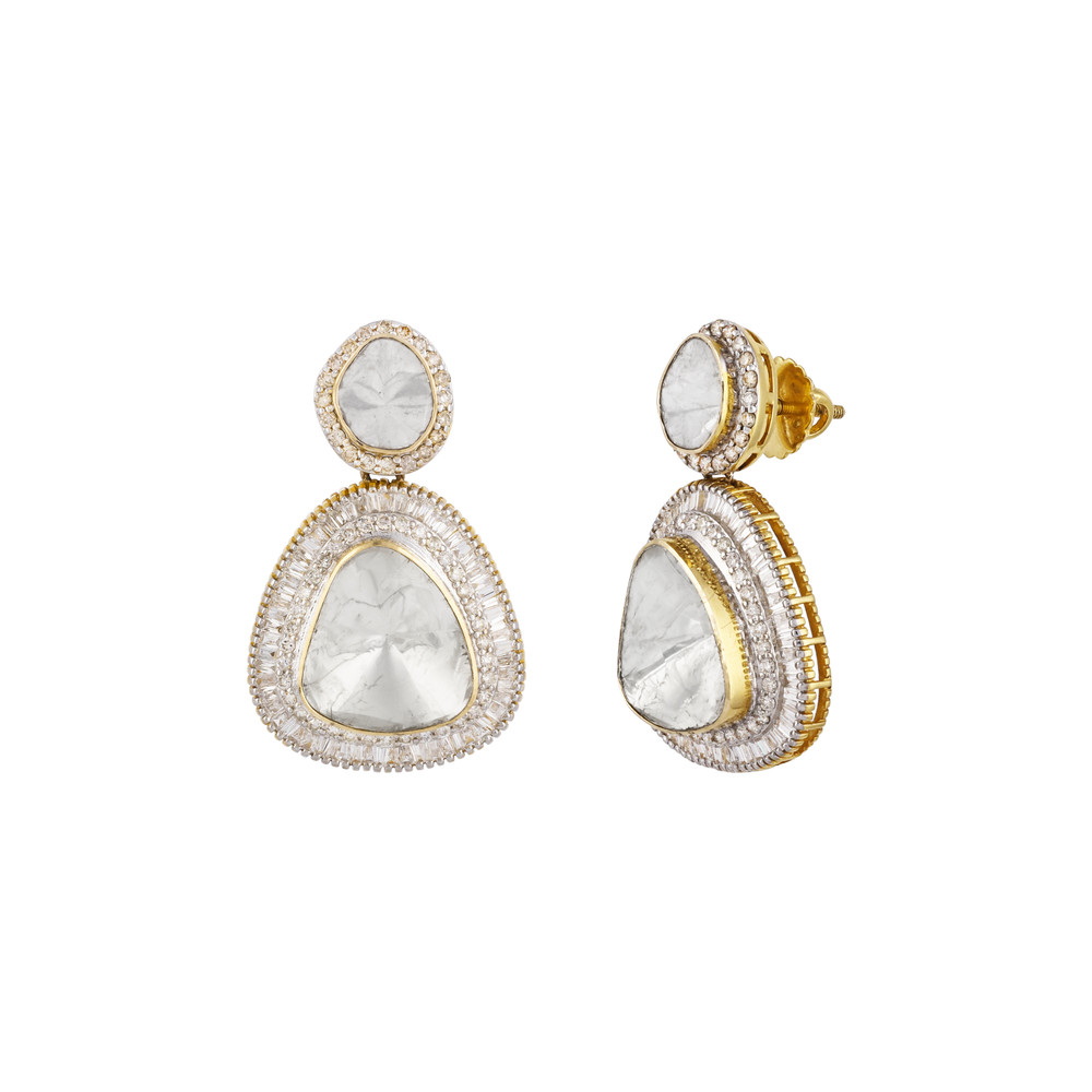 Triangular Polki Earrings with Double-Tier Design