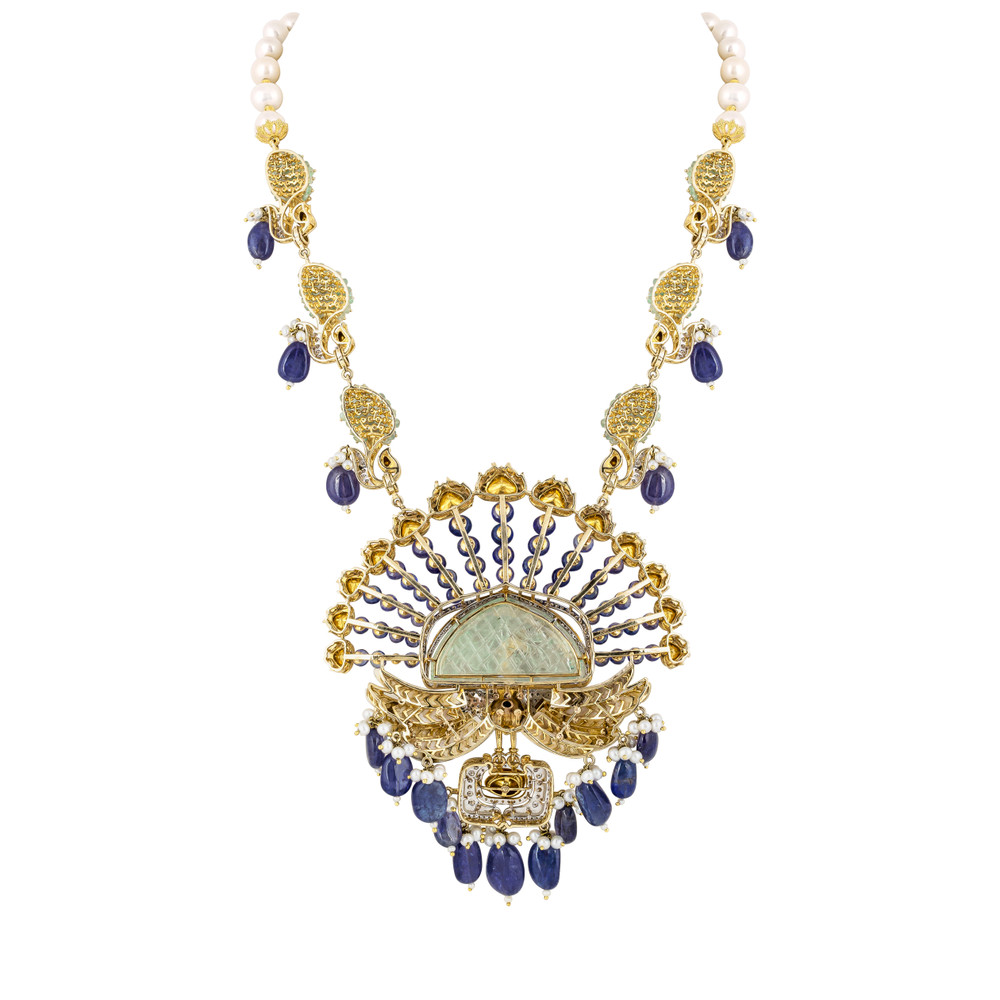 Peacock Pendant Necklace with Tanzanite , Mother of Pearl, Blue Enamel and Carved Stone