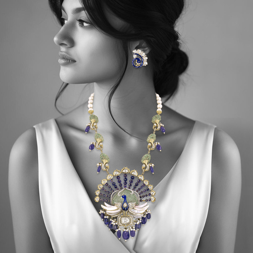 Peacock Pendant Necklace with Tanzanite , Mother of Pearl, Blue Enamel and Carved Stone