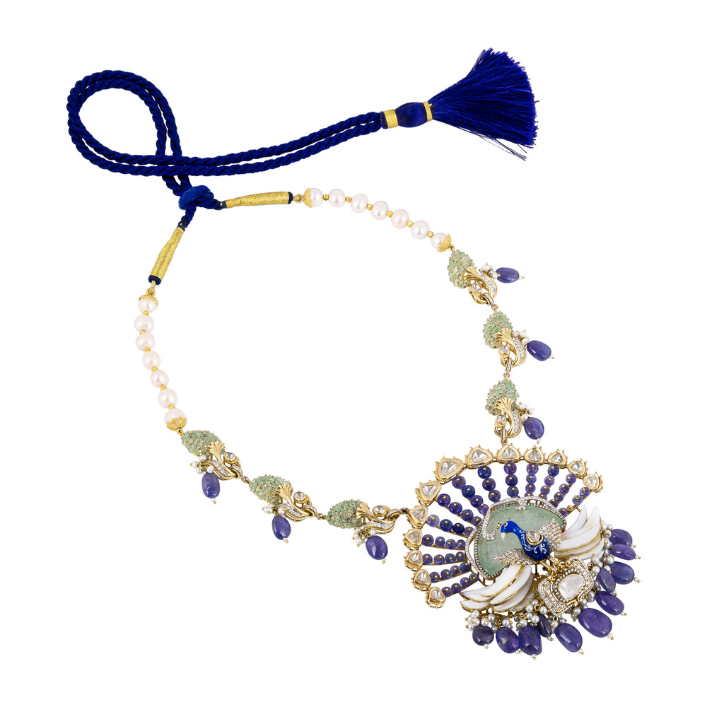Peacock Pendant Necklace with Tanzanite , Mother of Pearl, Blue Enamel and Carved Stone