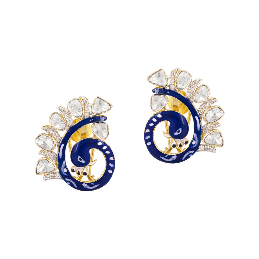 Peacock Earrings with Blue Enamel, Shimmering Diamonds and Polkis