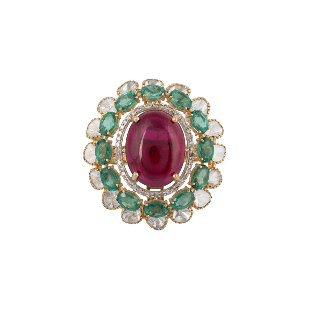 Regal Tourmaline with Green Cut Stone Ring in Open Polki