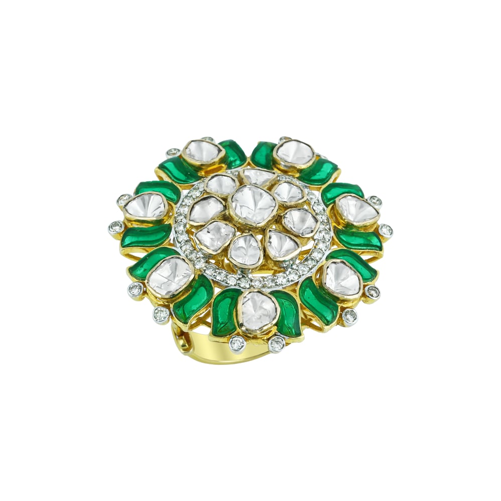 Polki Statement Ring with Green Stone Accents