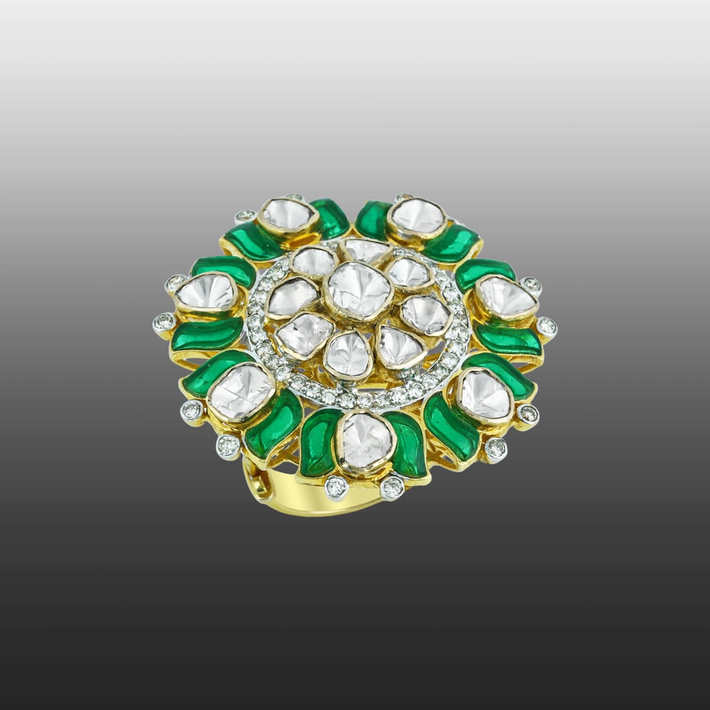 Polki Statement Ring with Green Stone Accents