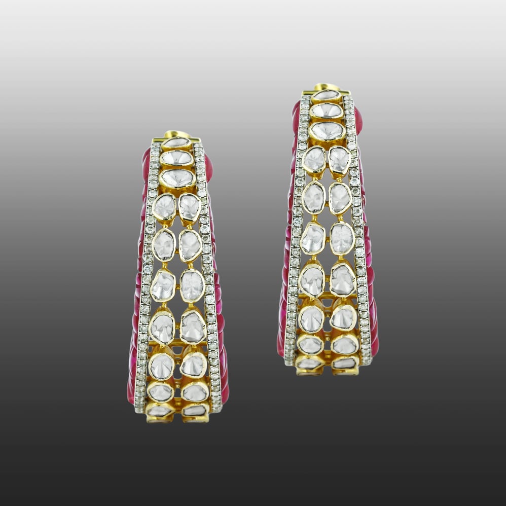 Polki Hoop Earrings with Red Talaf and Dual-Sided Design