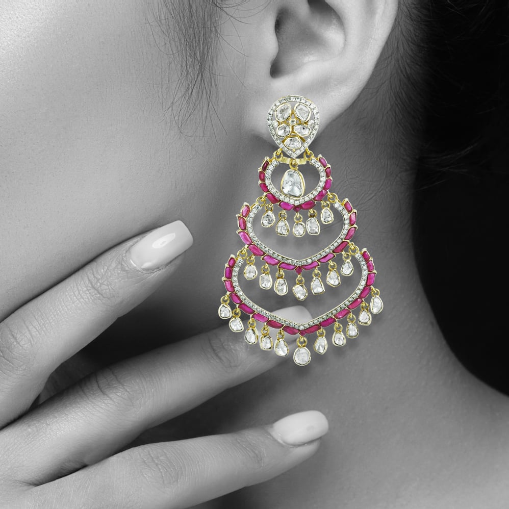Chandelier Earrings with Polki, Red Talaf Accents and Diamonds