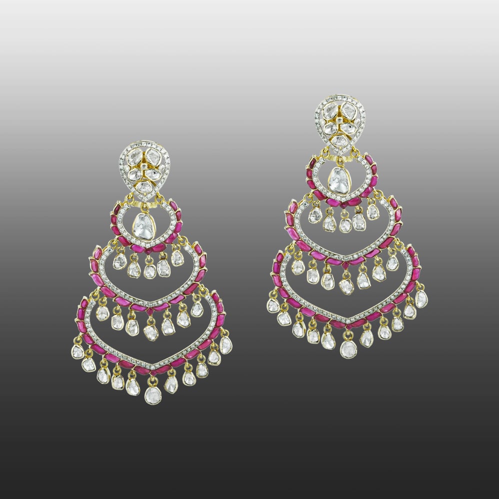 Chandelier Earrings with Polki, Red Talaf Accents and Diamonds