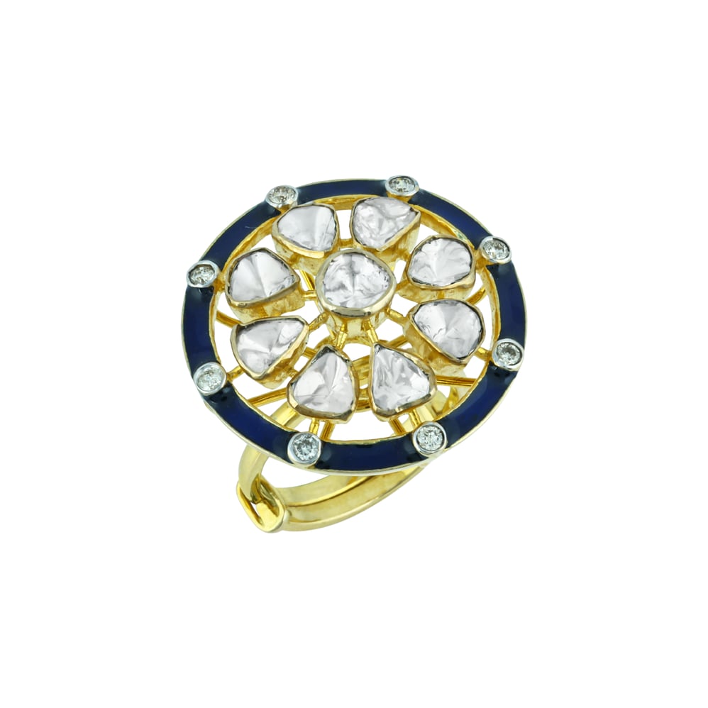 Polki Ring with Deep Blue Enamel Border and Diamond Accents
