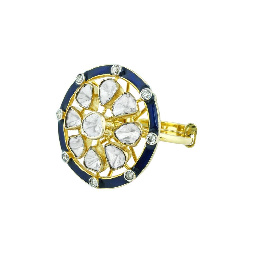 Polki Ring with Deep Blue Enamel Border and Diamond Accents