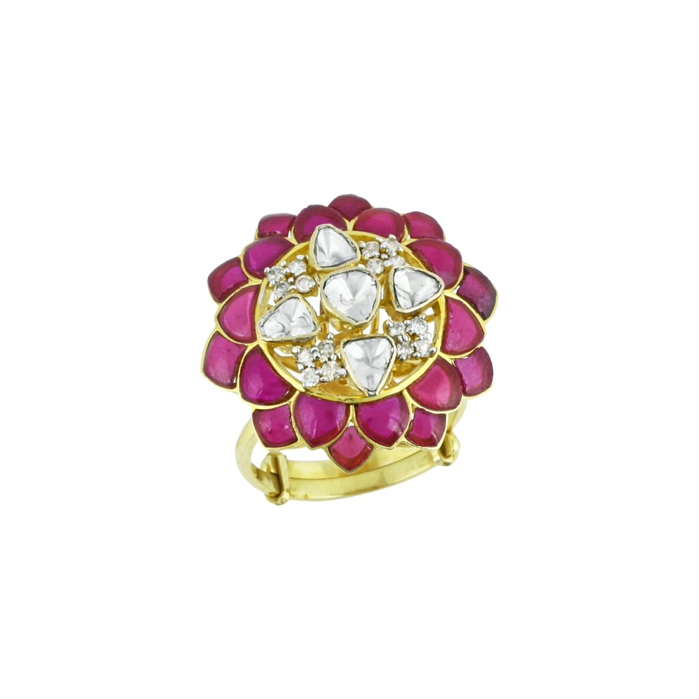 Floral Polki Ring with Pink Talaf and Diamond Polki