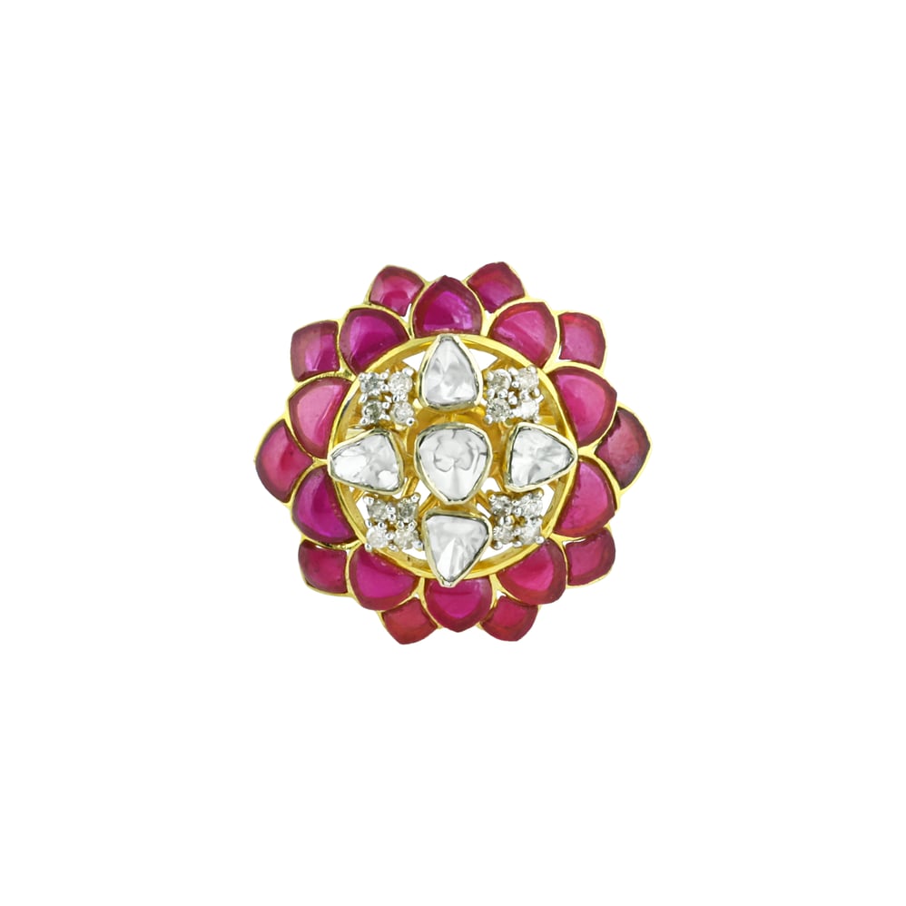 Floral Polki Ring with Pink Talaf and Diamond Polki