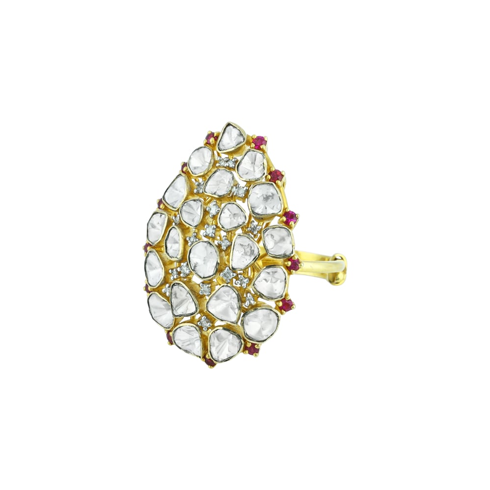 Teardrop Polki Ring with Red Accents and Polki Cluster