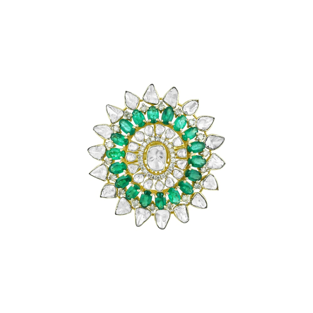 Floral Polki Ring with Green Accents and Sunburst Design
