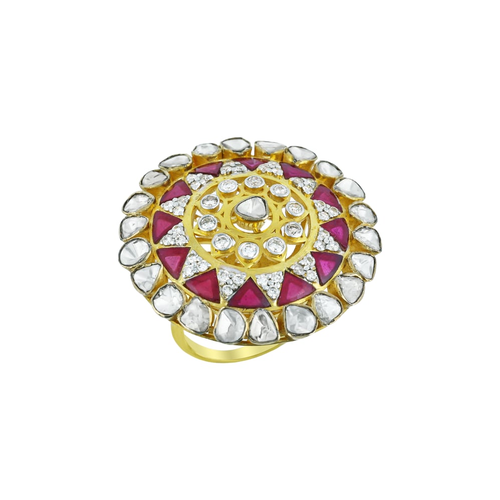 Polki Ring with Red Talafs and Polki Detailing