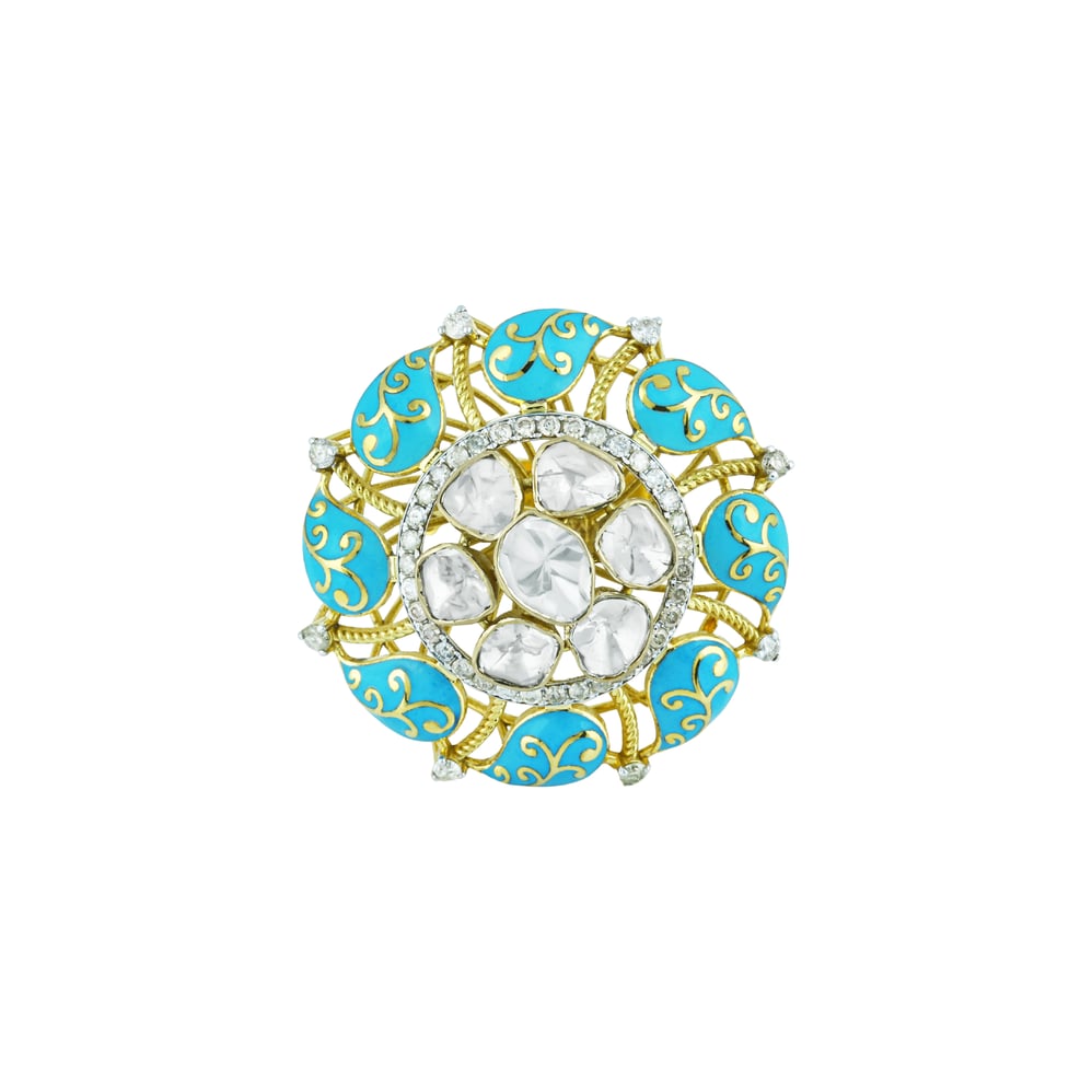 Polki Ring with Turquoise Enamel and Gold Accents