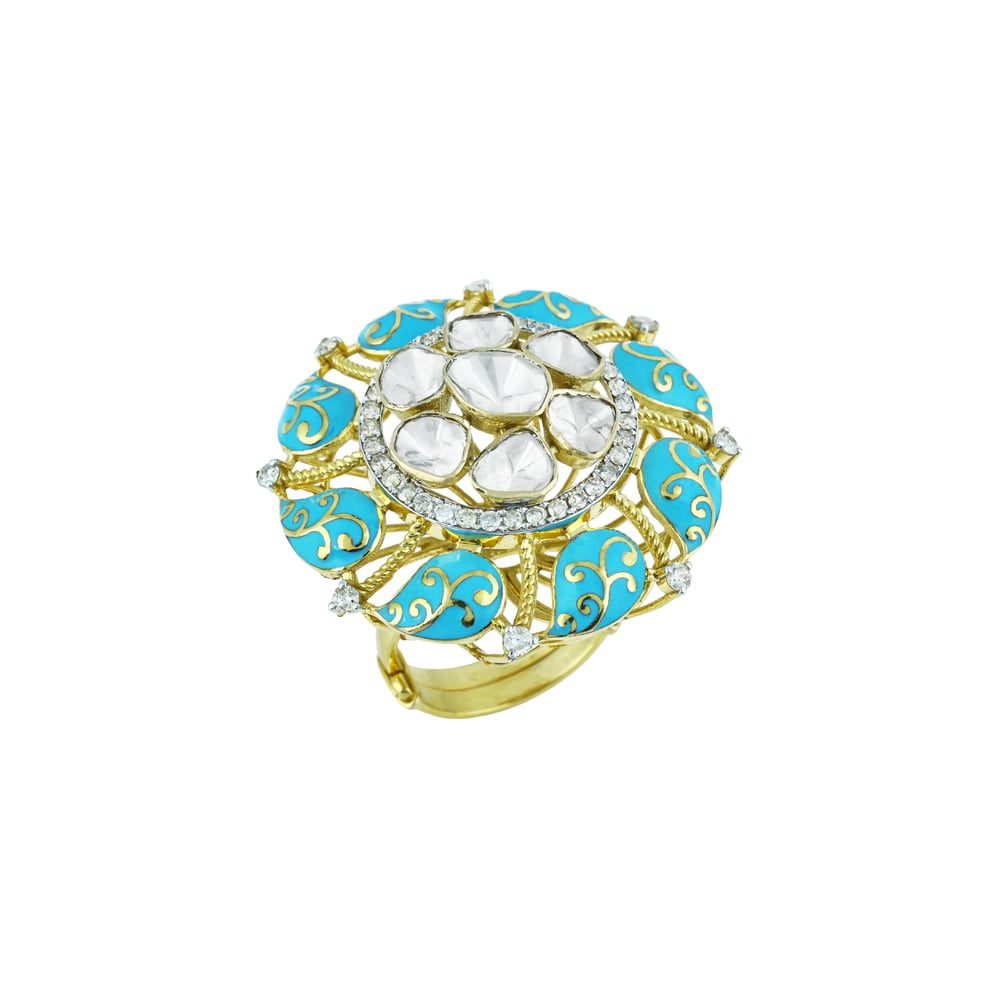 Polki Ring with Turquoise Enamel and Gold Accents
