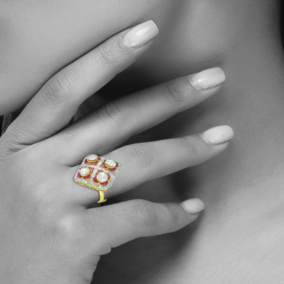 Square Polki Ring with Pink Enamel and Diamond Border