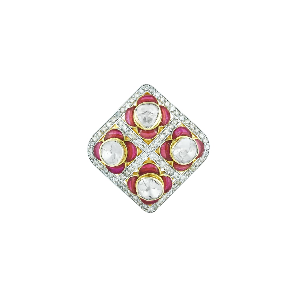 Square Polki Ring with Pink Enamel and Diamond Border