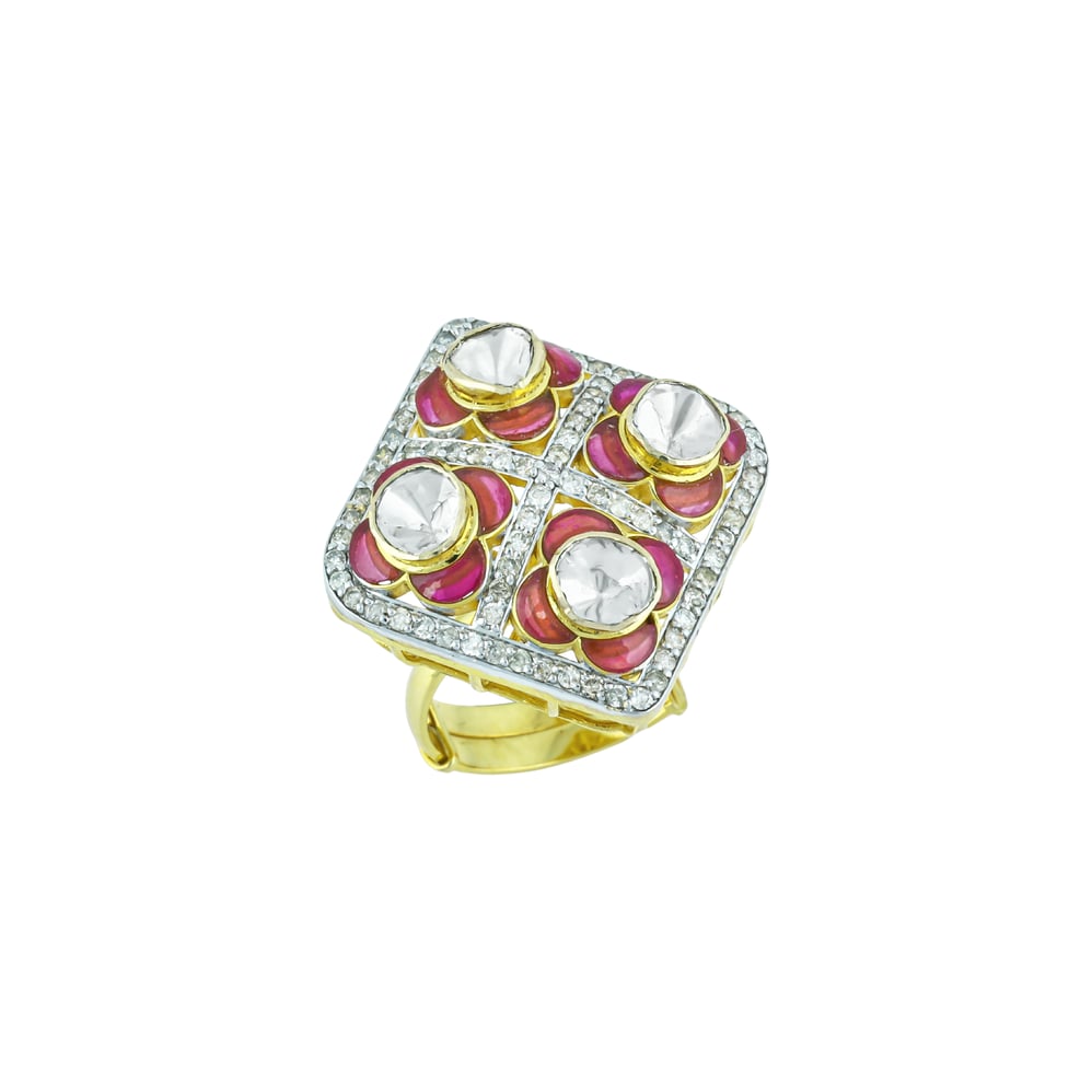 Square Polki Ring with Pink Enamel and Diamond Border