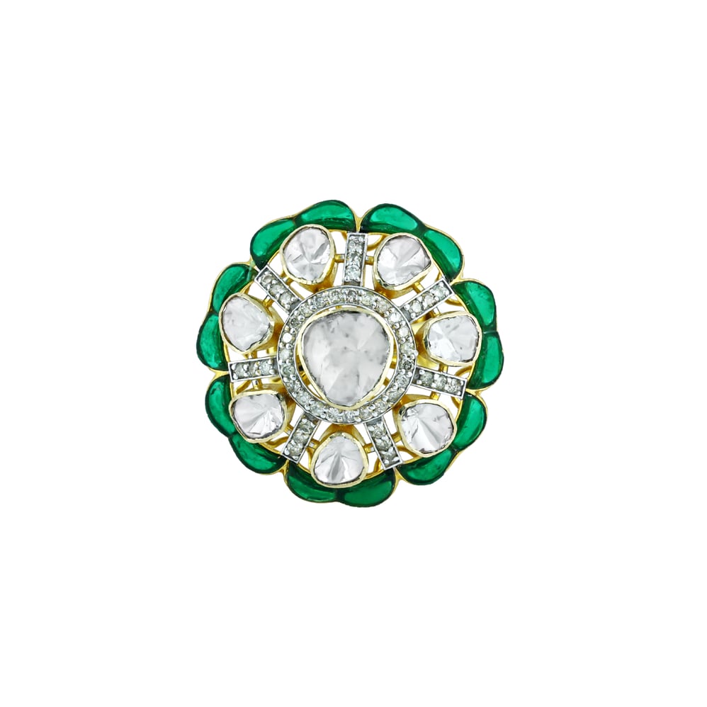 Statement Polki Ring with Green Talaf and Diamond Accents