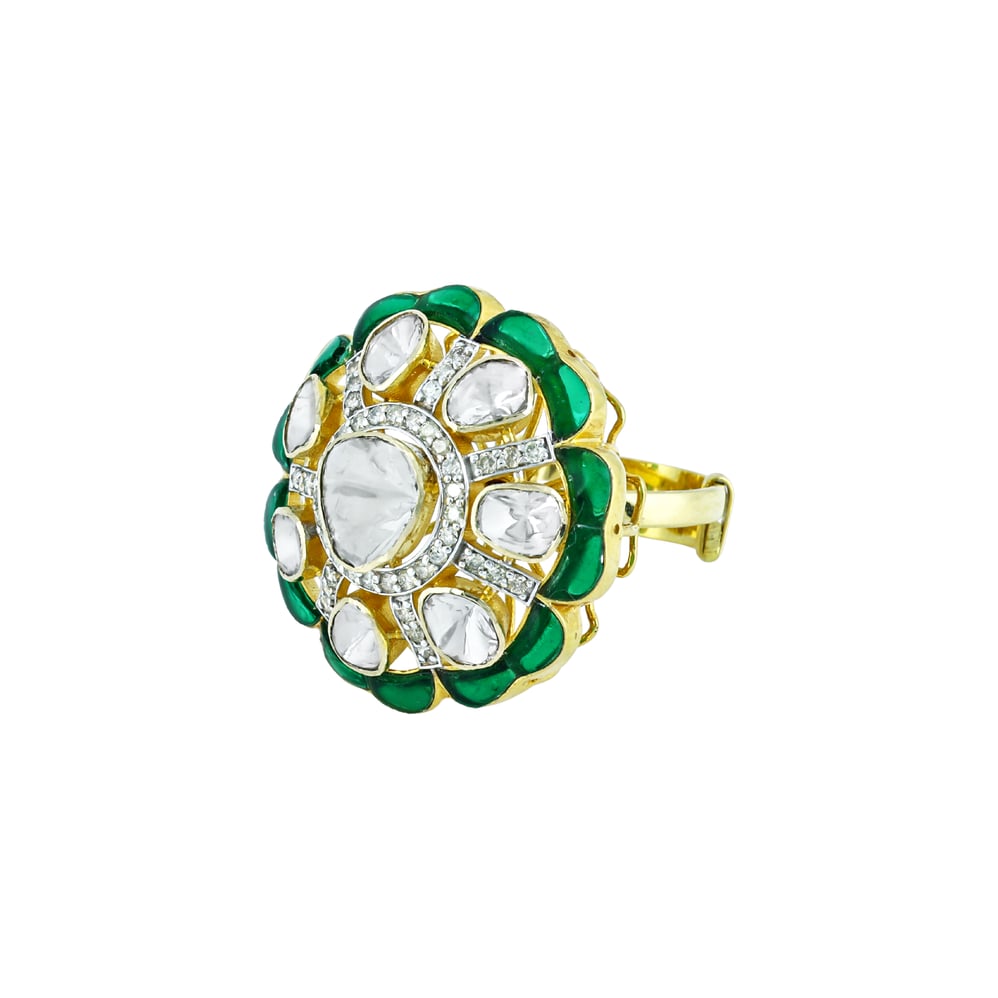 Statement Polki Ring with Green Talaf and Diamond Accents