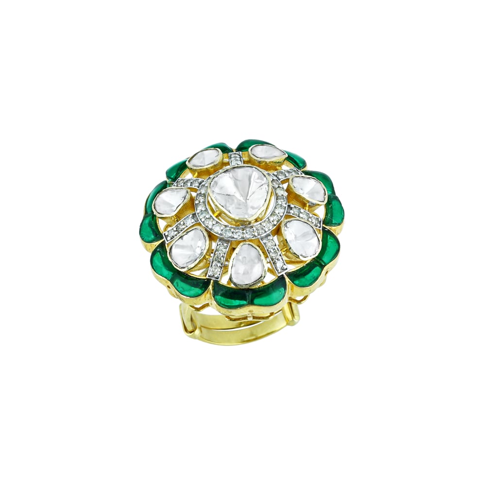 Statement Polki Ring with Green Talaf and Diamond Accents
