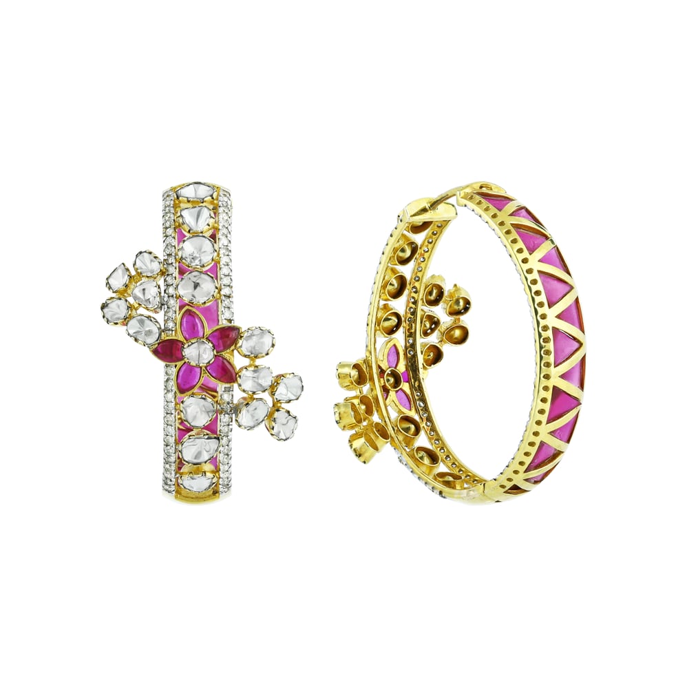 Polki Hoop Earrings with Pink Talaf and Diamonds