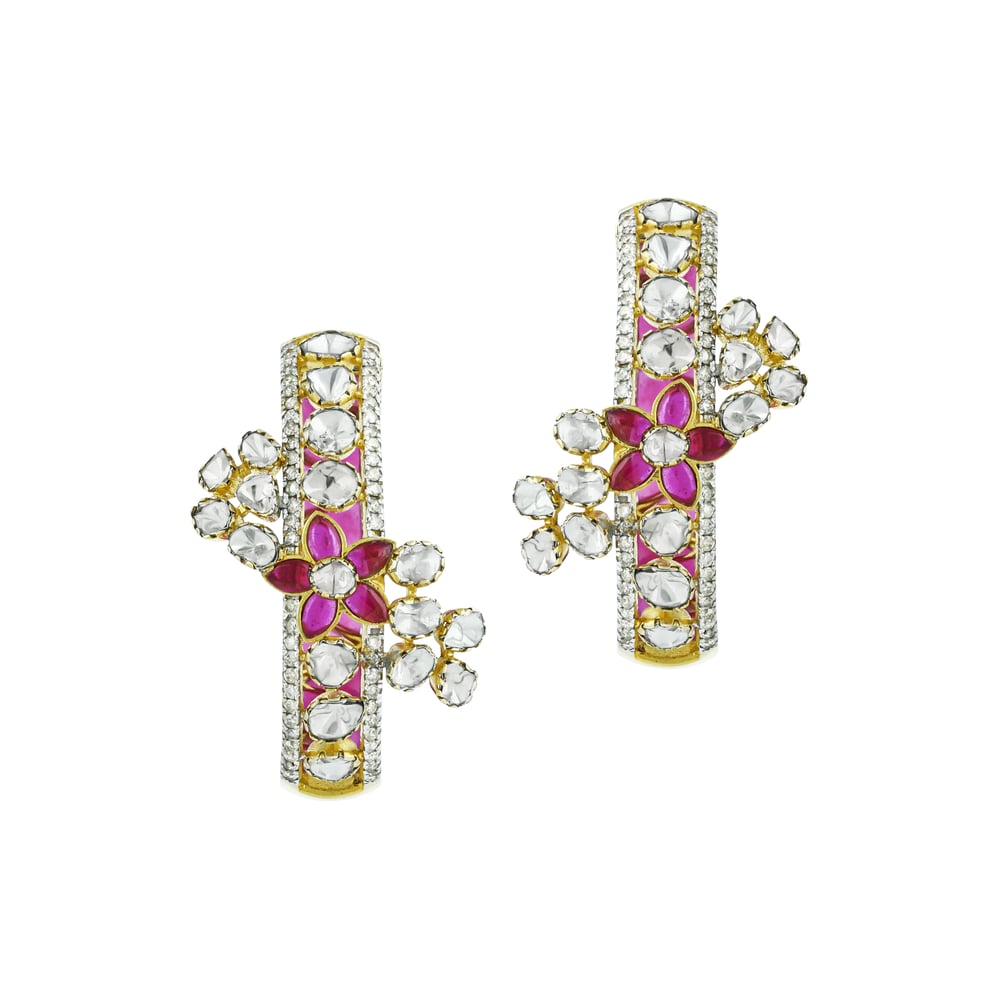 Polki Hoop Earrings with Pink Talaf and Diamonds