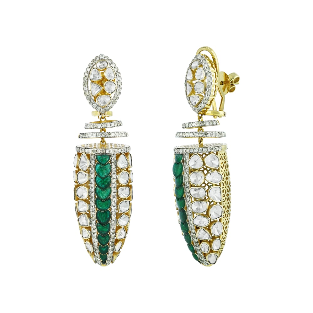 Polki Earrings with Emerald Talafs and Layered Gold Rings