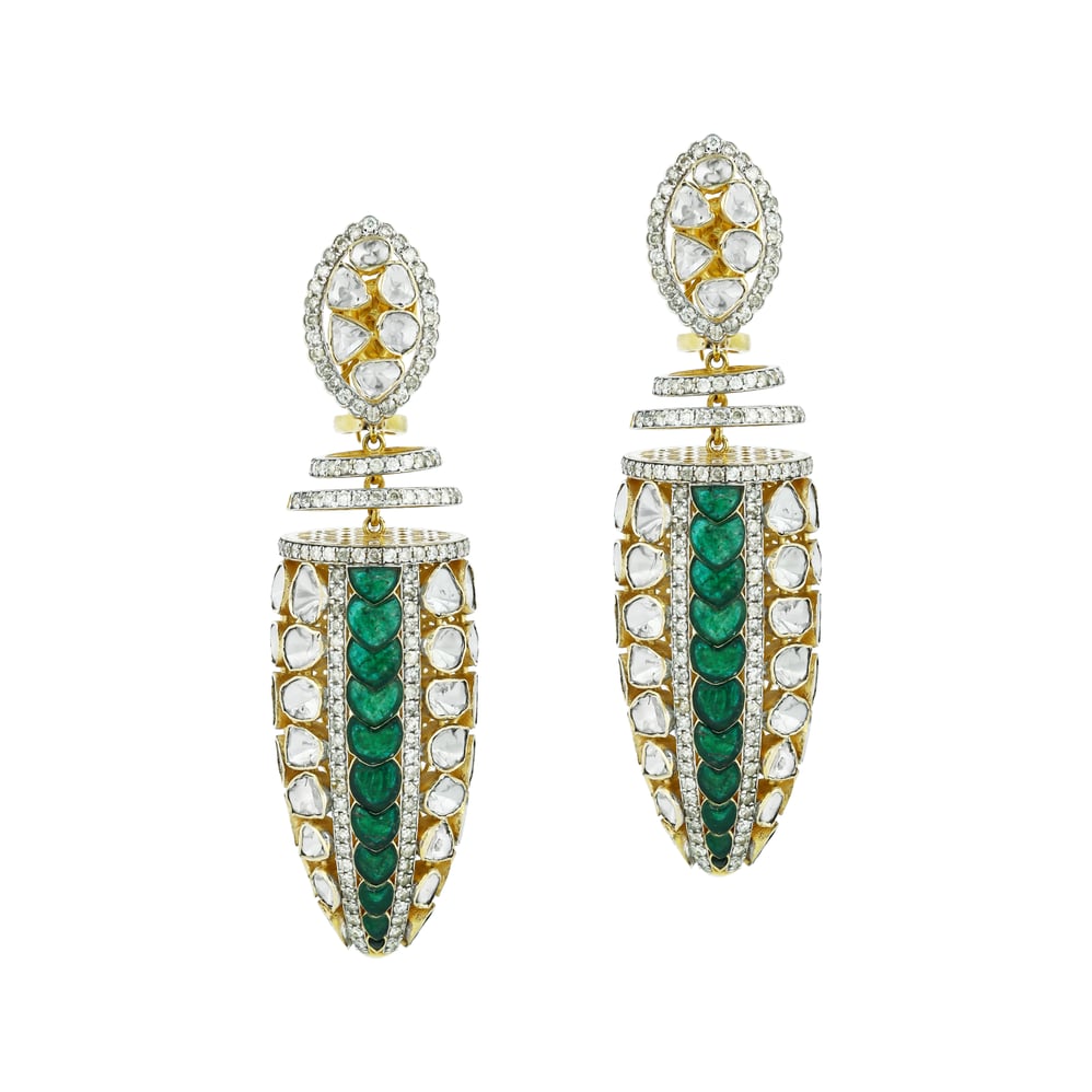 Polki Earrings with Emerald Talafs and Layered Gold Rings