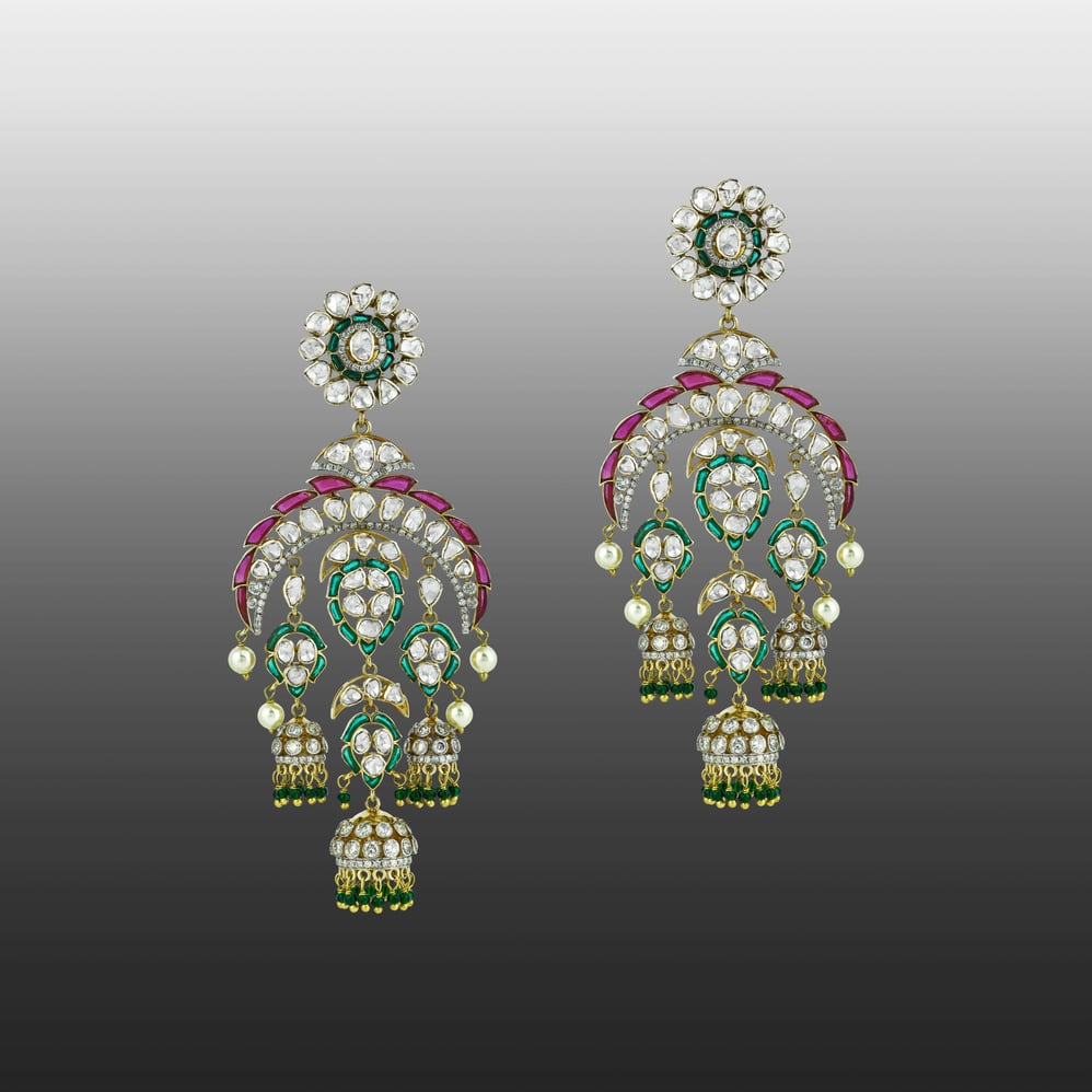 Polki Earrings with Green and Red Talafs, Pearl, and Tri-Jhumka Drops