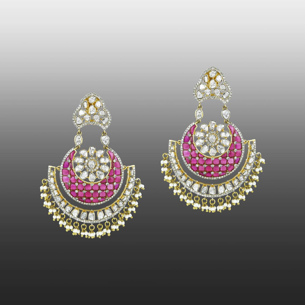 Polki Chandbali Earrings with Red Talaf and Pearls