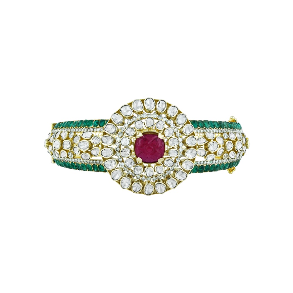 Polki Bangle with Carved Red Stone, Emerald Talafs and Latticework