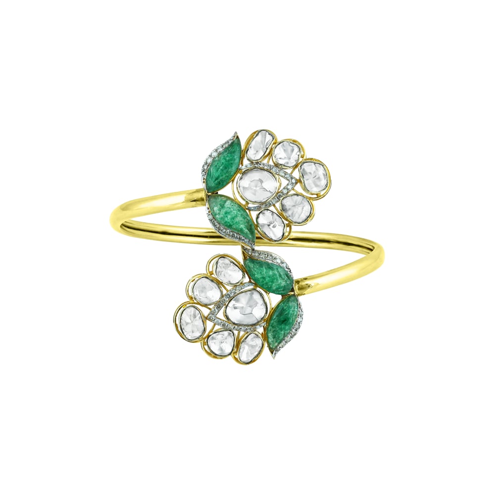 Floral Polki Bangle with Green Talaf Stone and Dual-Flower Design