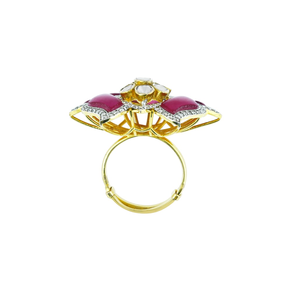 Lotus-Inspired Polki Ring with Red Talaf Stone and Diamonds