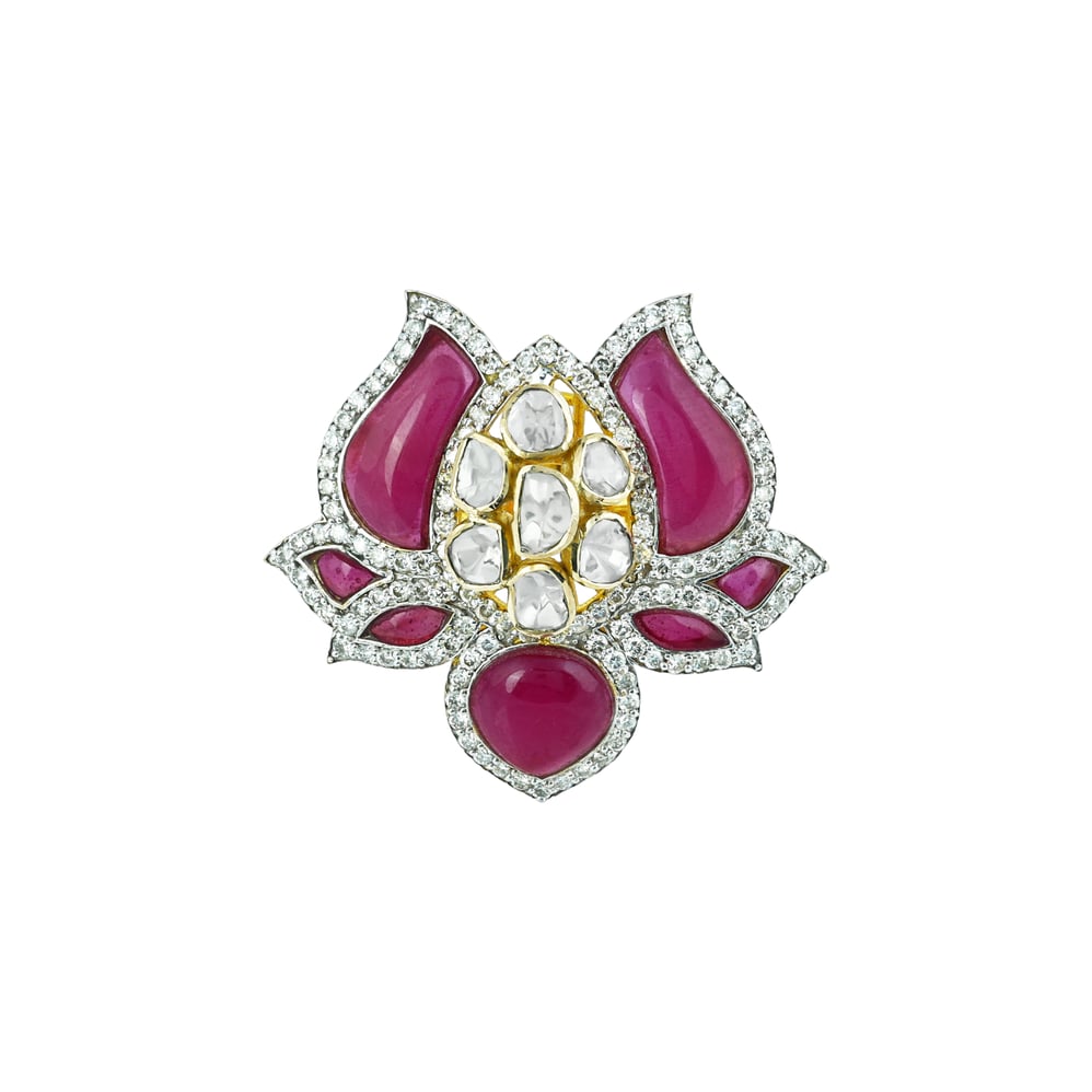 Lotus-Inspired Polki Ring with Red Talaf Stone and Diamonds