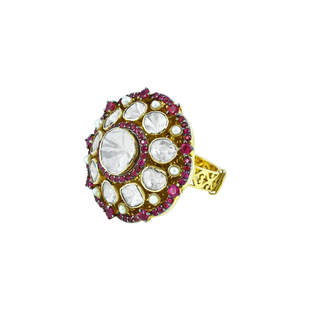 Polki Ring with Red Colourstone and Pearl Halo