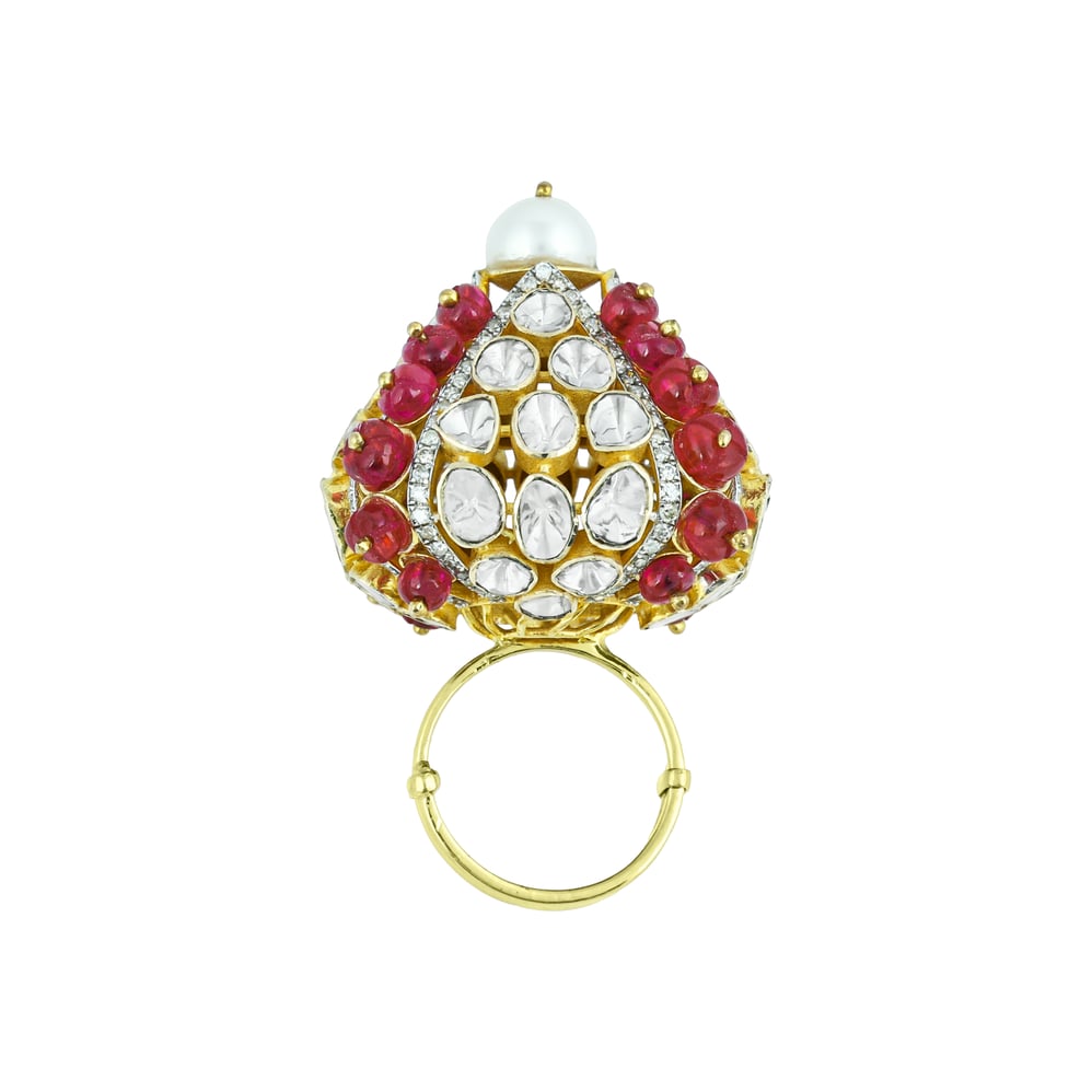 Bold Polki Ring with Central Pearl, Red Beads, and Uncut Diamonds