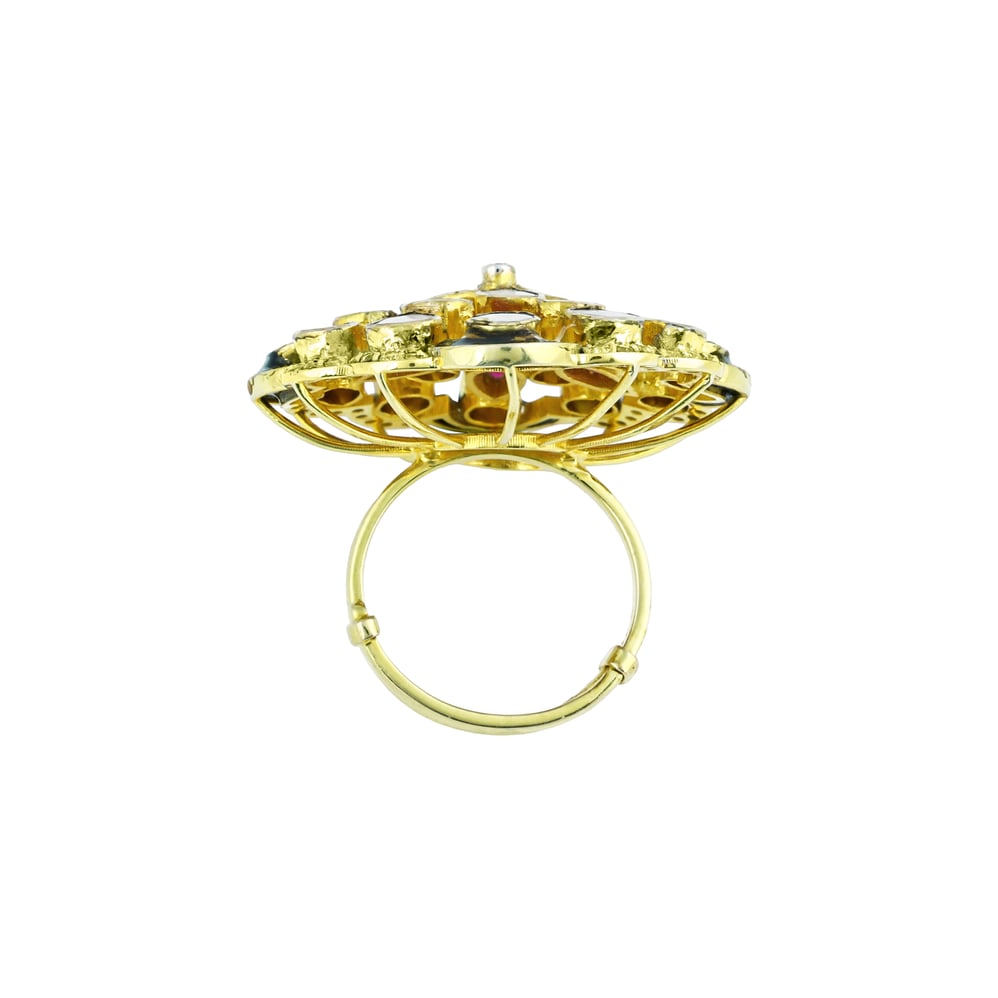 Floral Polki Ring with Red Talaf, Black colour stone, and Diamonds