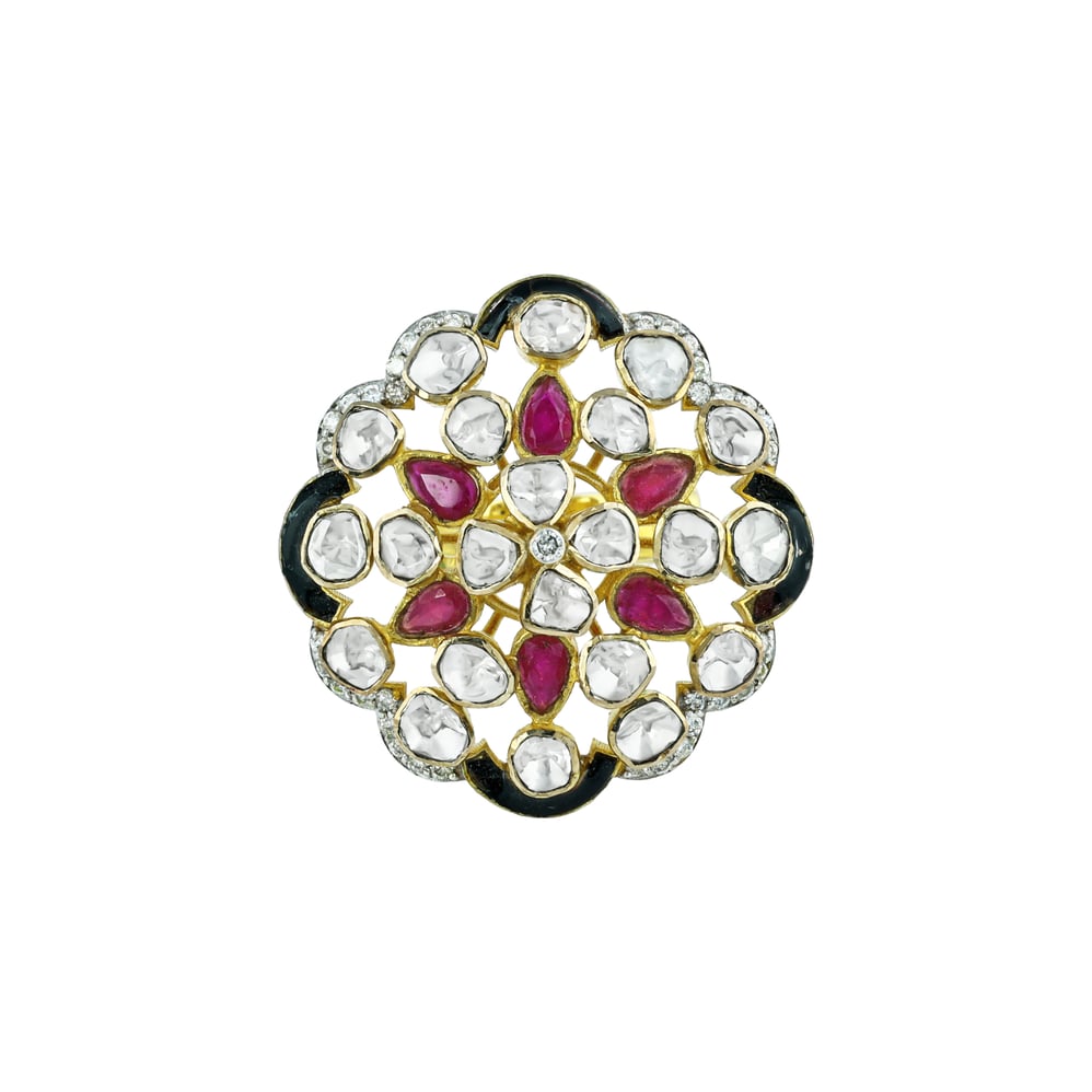 Floral Polki Ring with Red Talaf, Black colour stone, and Diamonds