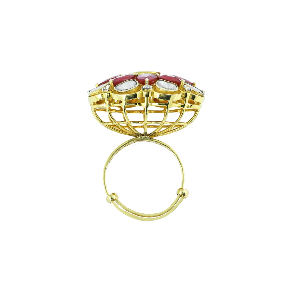 Floral Polki Ring with Central Uncut polki and Red Cut Stone