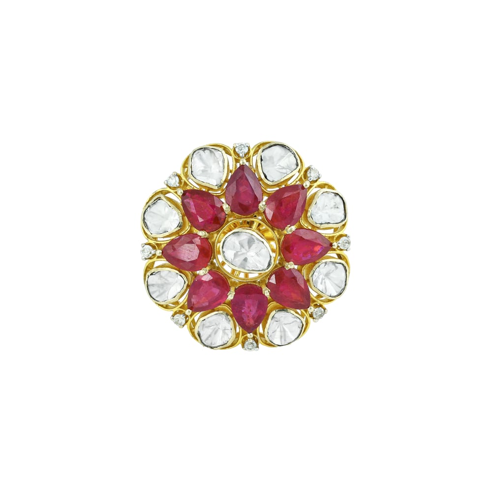 Floral Polki Ring with Central Uncut polki and Red Cut Stone