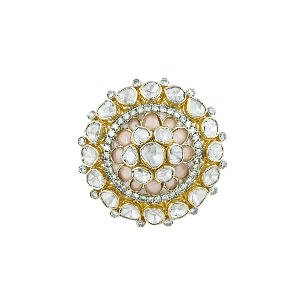 Floral Polki Ring with Pink Morganite Talaf and Diamond Halo