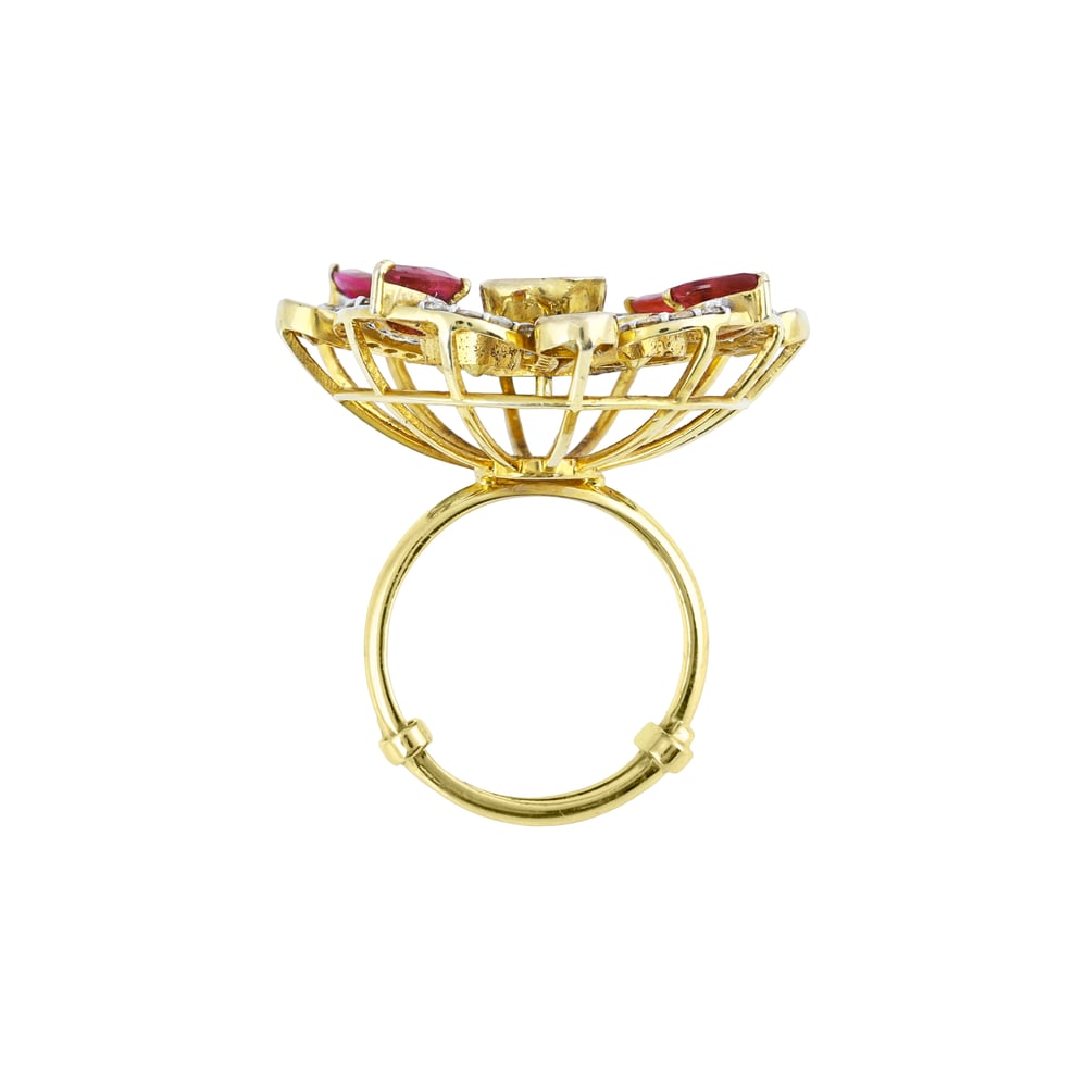 Floral Polki Ring with Pear-Shaped Red Gemstone and Diamond Halo