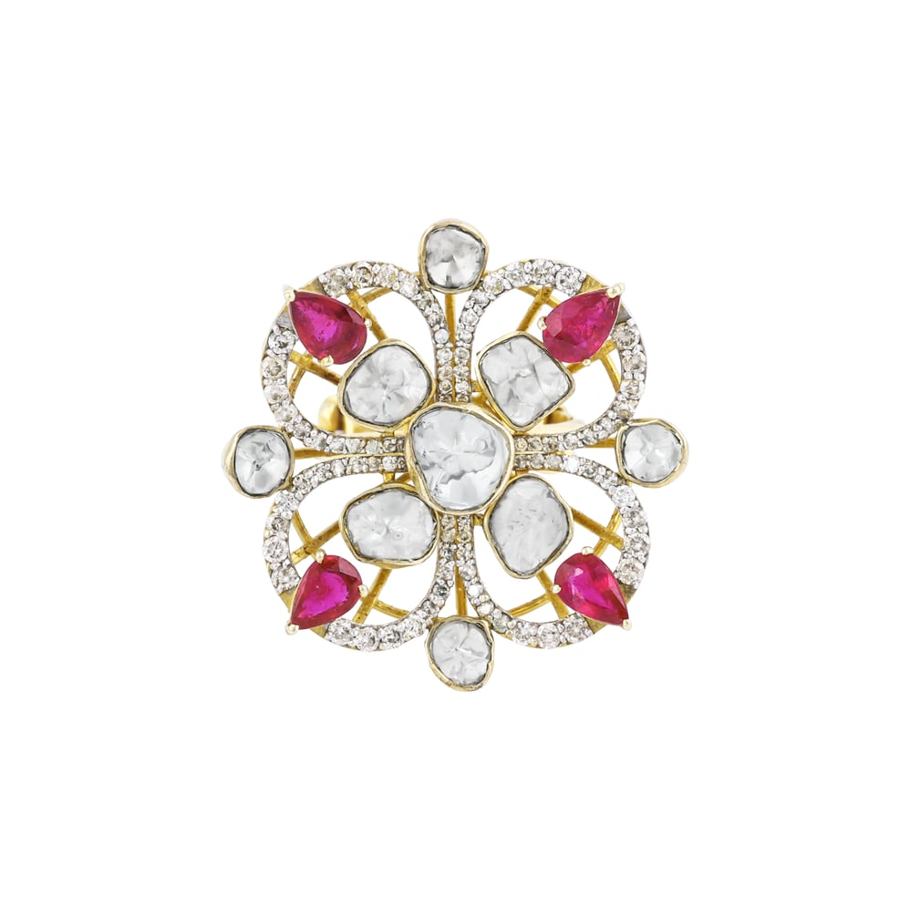 Floral Polki Ring with Pear-Shaped Red Gemstone and Diamond Halo