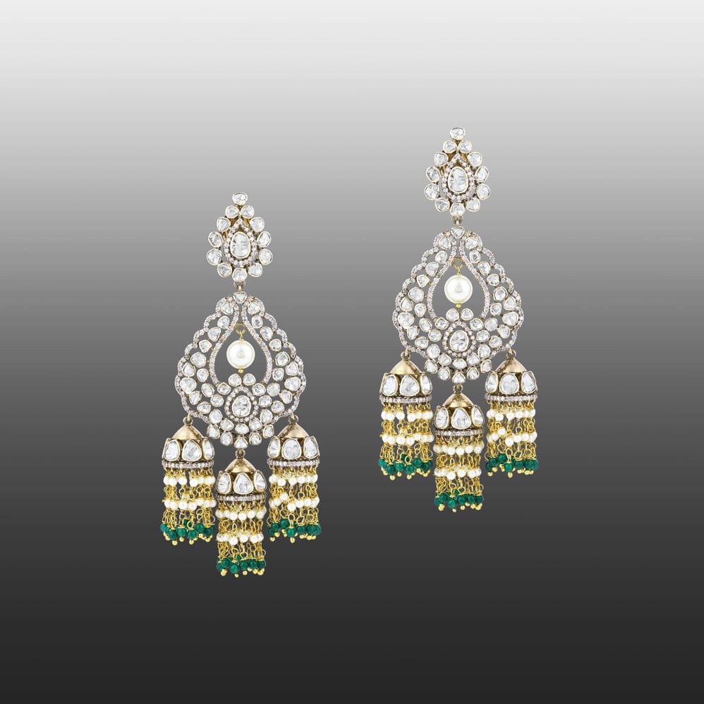 Polki Jhumki Earrings with Pearl Drop, Green Beads, and Diamonds