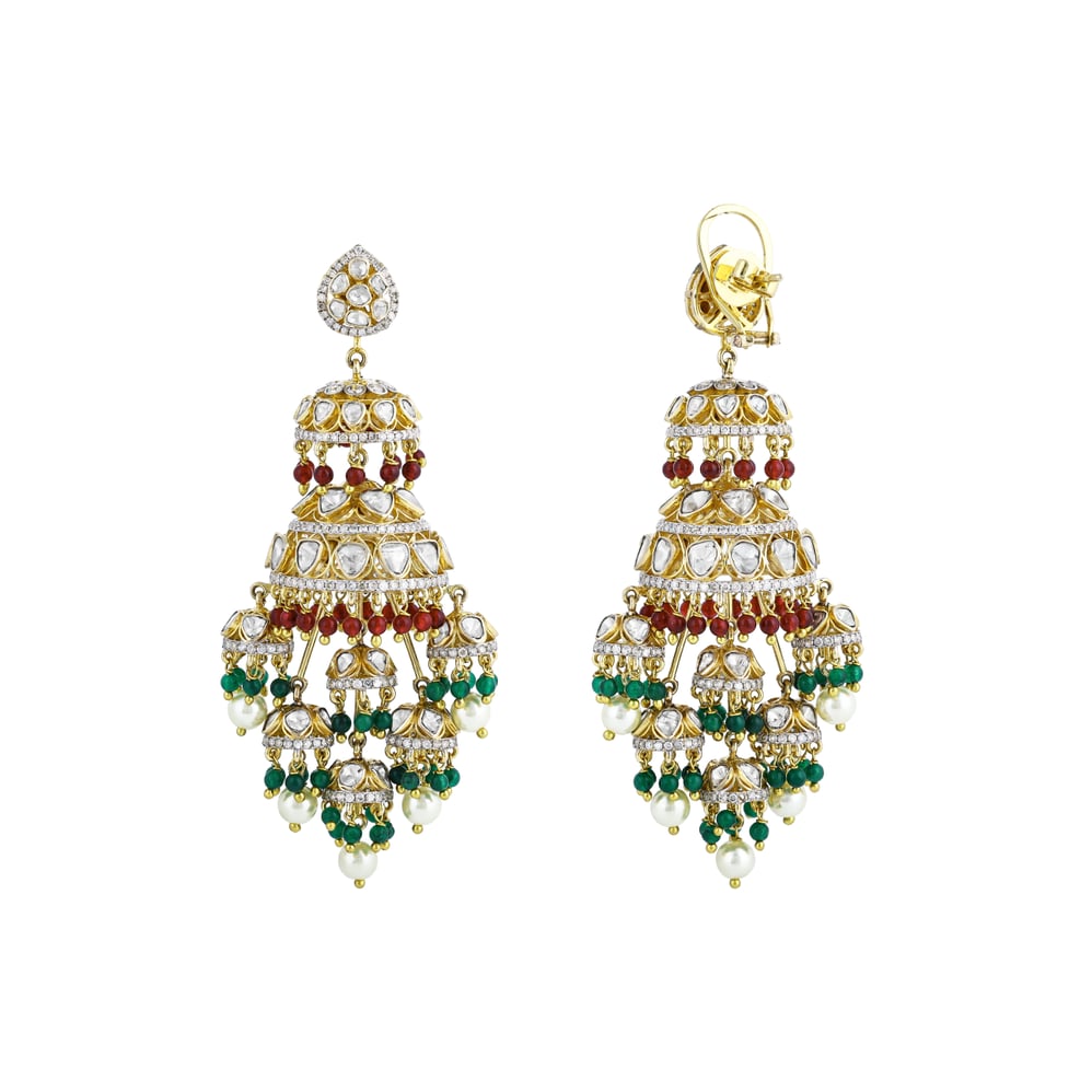 Polki Chandelier Earrings with Green and Red Beads, Pearl Drops