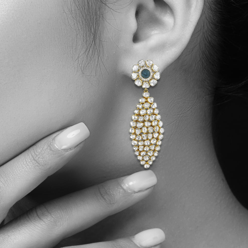 Polki Earrings with Blue Gemstone Center and Uncut Diamonds