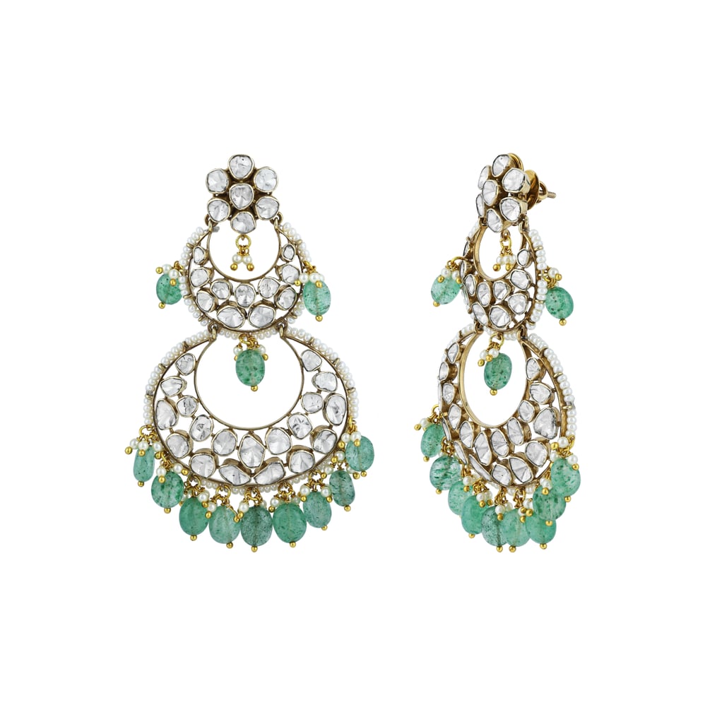 Polki Earrings with Double-Tier Chandbali, Pearl Accents, and Green Drops