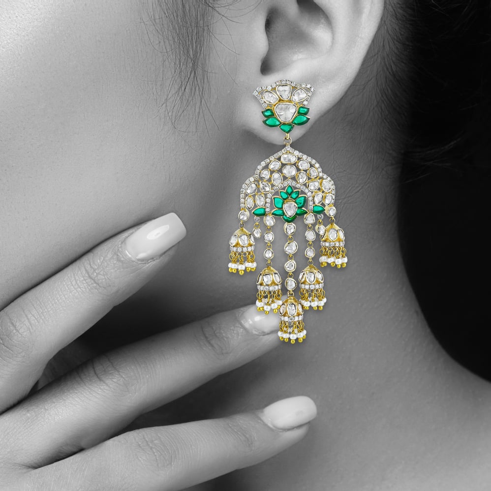 Polki Designer Jhumka Earrings with GreenTalaf Lotus and Pearl Accents